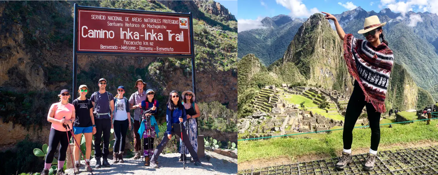 Group of tourists at the entrance to Caminos Incas, beautiful lady in Machupicchu.